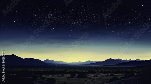 Illustration of the desert at night  with distant mountains in the background  and stars in the sky. The landscape is vast and open  with soft lighting creating an ethereal atmosphere