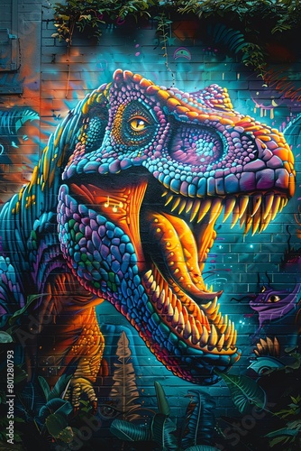A vibrant graffiti wall in the city at night depicting colorful dinosaurs as part of urban street art