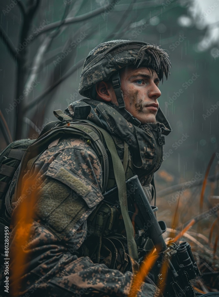 A soldier in the rain looks off into the distance