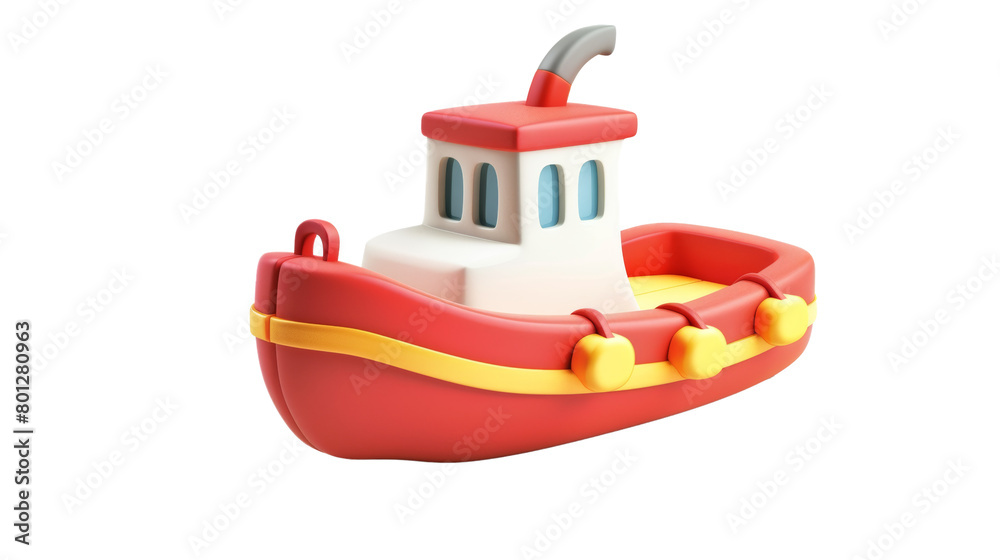 A red toy boat with a grey funnel and three portholes