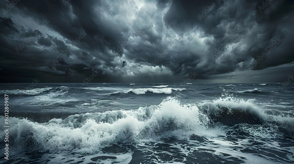 Dramatic Stormy Seascape with Powerful Crashing Waves and Moody Clouded Sky Dramatic Stormy Seascape with Powerful Crashing Waves and Moody Clouded Sky