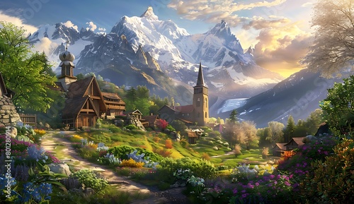the village surrounded by lush greenery, with towering snowcapped mountains in the background. The sun shines brightly on an idyllic landscape filled with blooming flowers and charming cottages