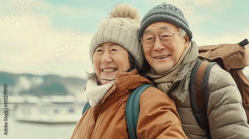 Joyful senior couple warmly dressed for an outdoor adventure, sharing a happy moment.