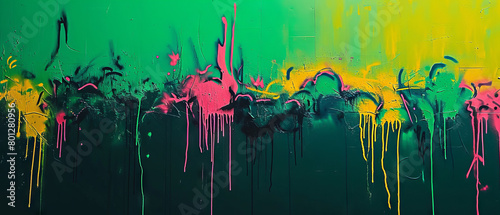 A painting of a green and yellow line with pink and purple splatters
