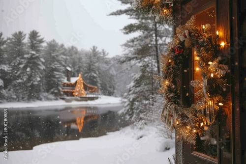 A snowy winter landscape with a cabin in the distance and a wreath on the door in the foreground