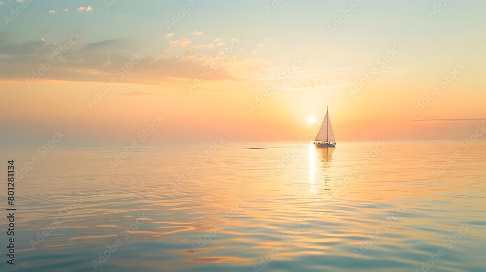 Serene Sunrise Sail:Tranquil Seascape with Drifting Sailboat at Dawn