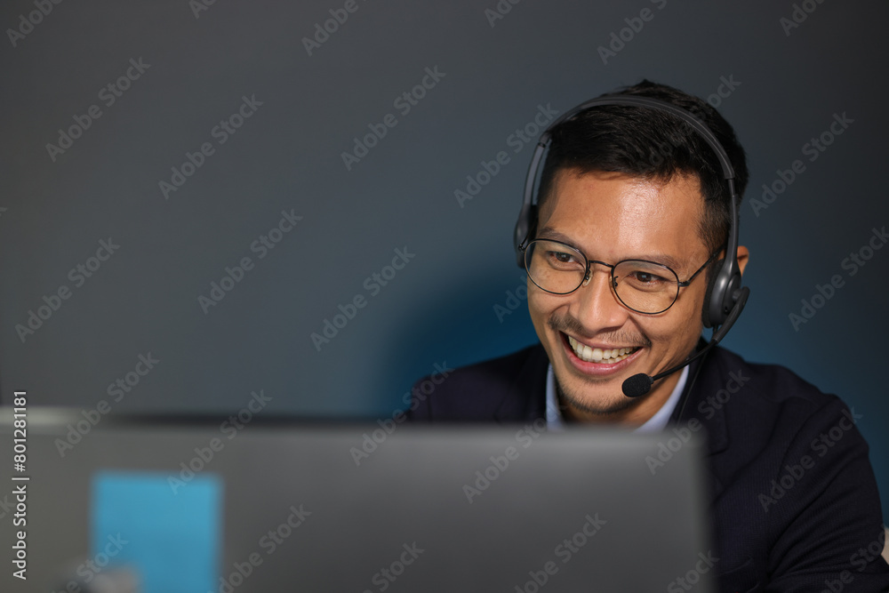 Telephone operator works with computer in office and talks with customers. Businessman working on computer in home office and talking with colleagues during online seminar, webinar. Telephone operator works with computer in office and talks with customers. Businessman working on computer in home office and talking with colleagues during online seminar, webinar.