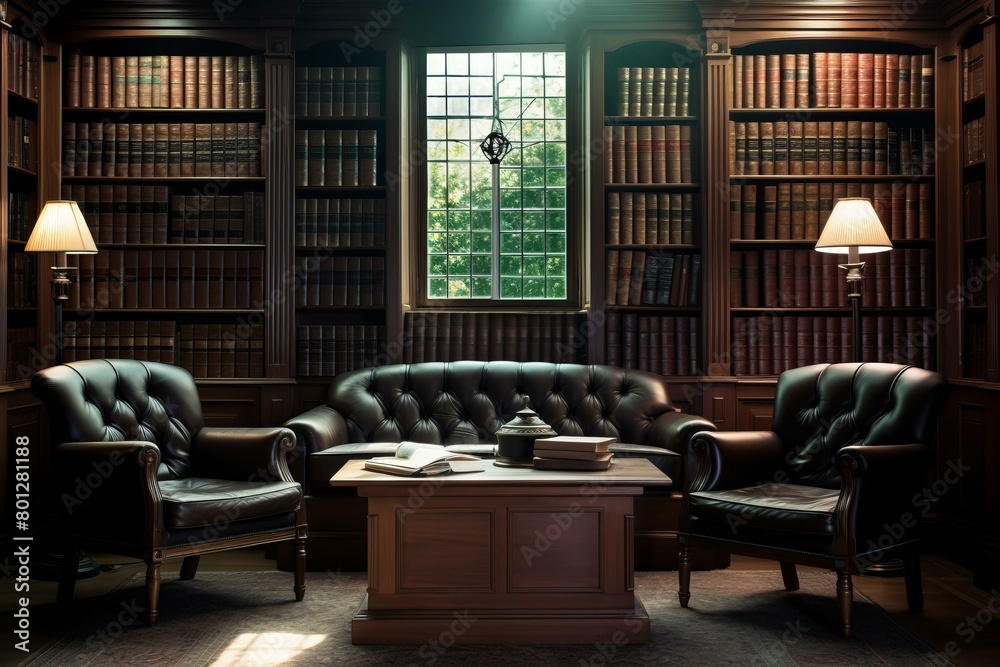 ornate library with leather chairs and a large wooden table ornate library with leather chairs and a large wooden table