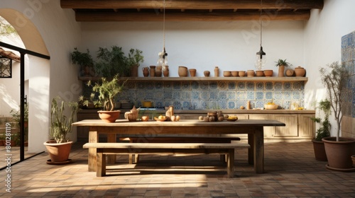 Rustic kitchen with wooden table  benches  and shelves filled with pottery