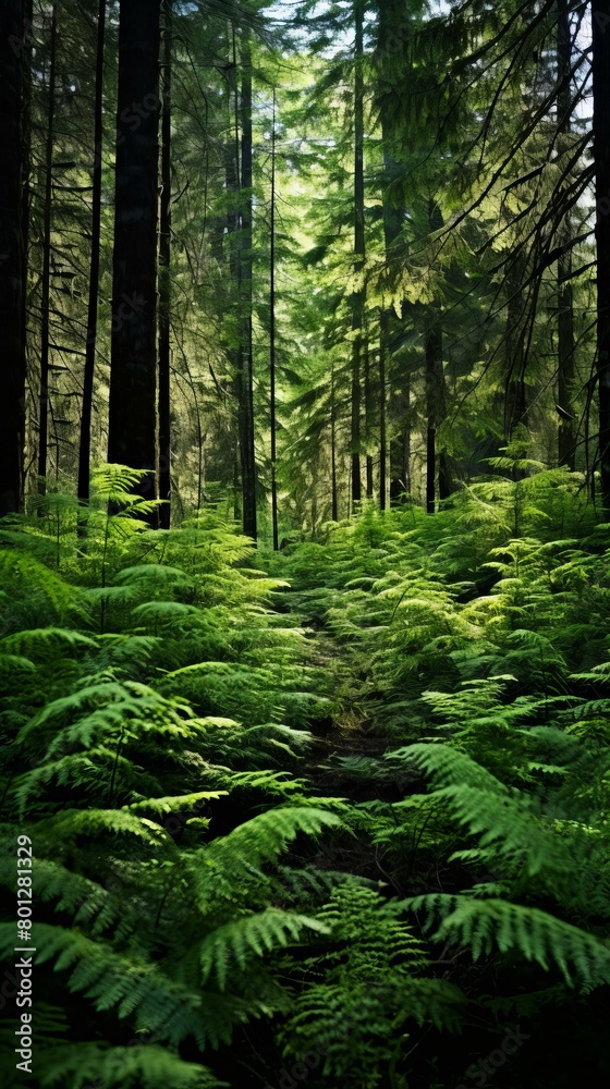 Green plants cover the forest floor in a dense temperate rainforest