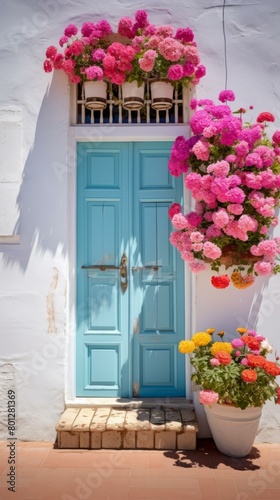Blue door with pink flowers photo