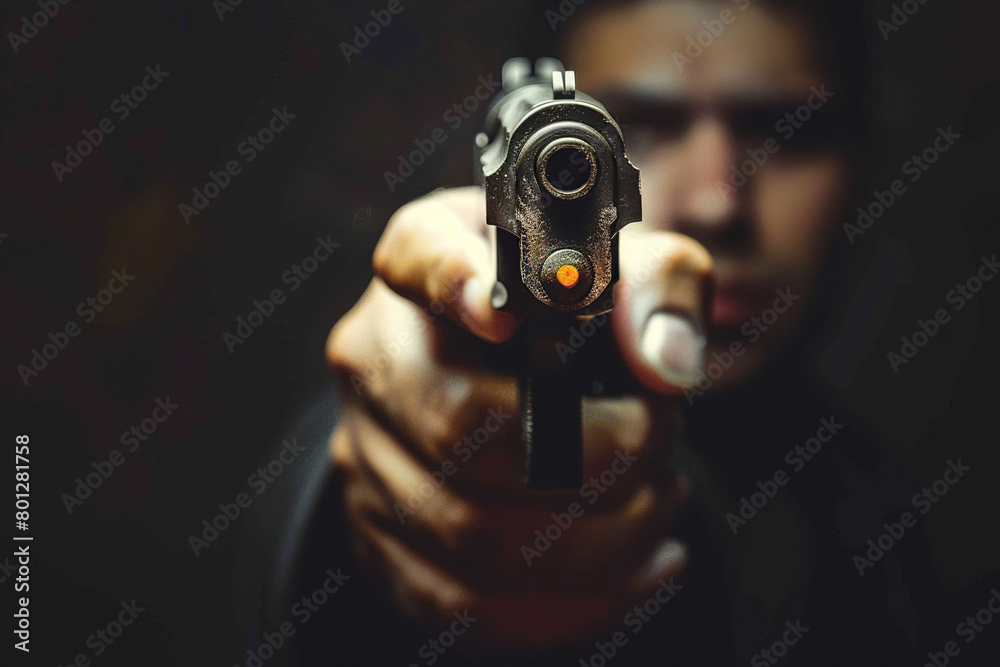 Generative ai on theme of a man aims through the sight of combat metal pistol to hit the target Generative ai on theme of a man aims through the sight of combat metal pistol to hit the target