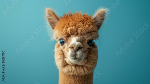 A fluffy brown alpaca with blue eyes looks at the camera