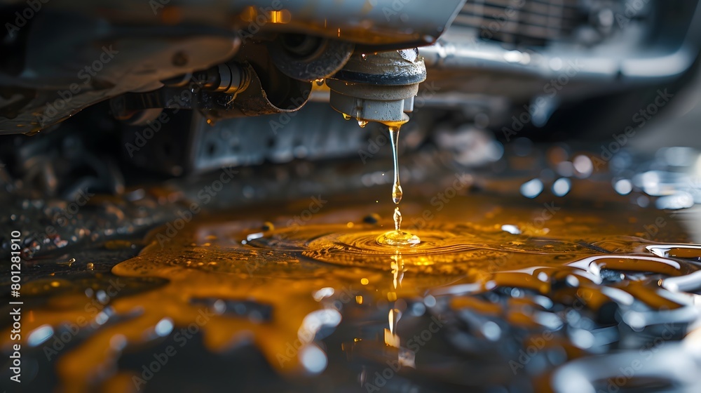 Severe Oil Leak Under Car Engine Causing Puddle on Ground Stock