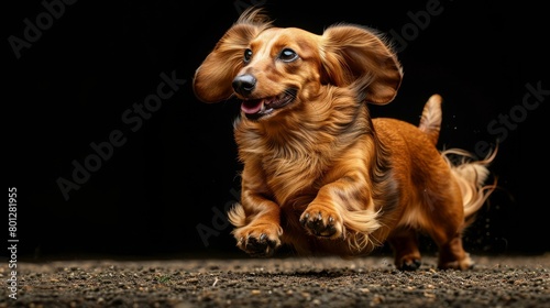 A happy brown long-haired dachshund dog running in mid-stride