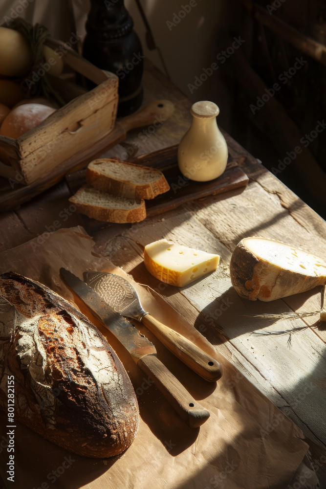 A table with bread, cheese, and a jar of milk