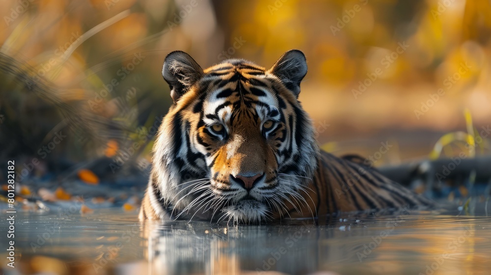 Fototapeta premium A tiger is taking a bath in a river
