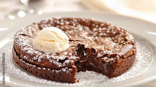 Luxurious chocolate lava cake with molten center and vanilla bean ice cream on minimalist background