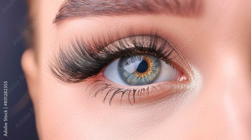 Obraz premium Close up of woman's eye with long false eyelashes