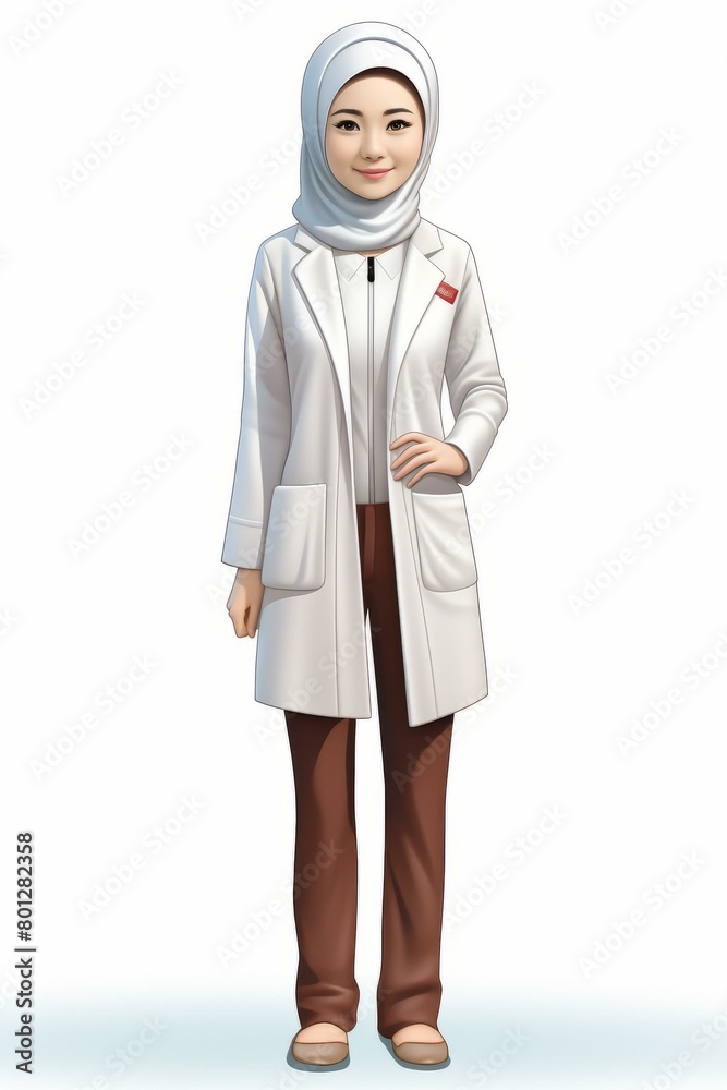A young female doctor wearing a hijab and a lab coat