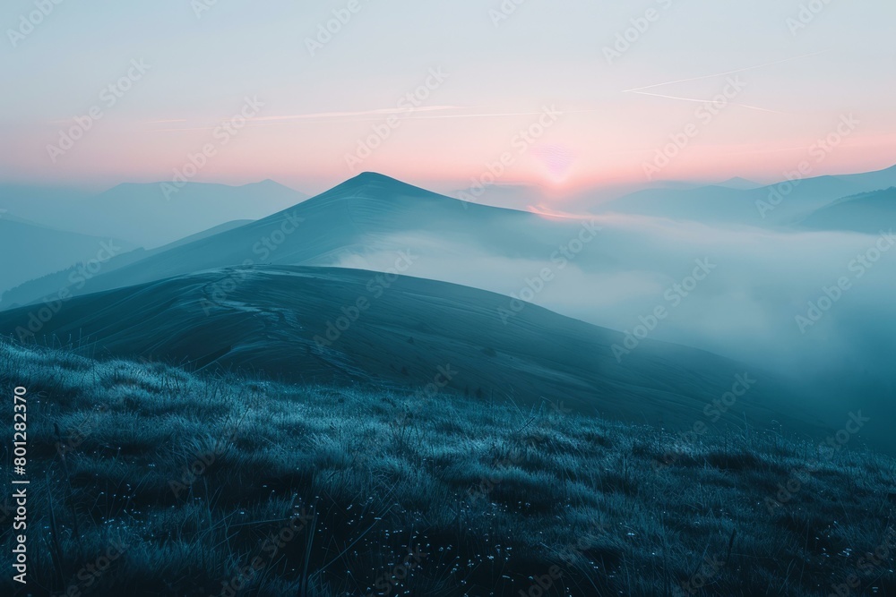 Foggy mountain landscape with a hill in the foreground and a large mountain in the background