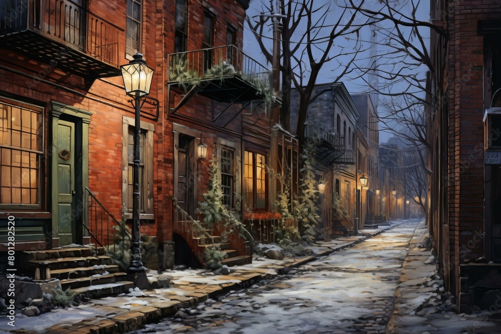 Snowy Street with Victorian Townhouses