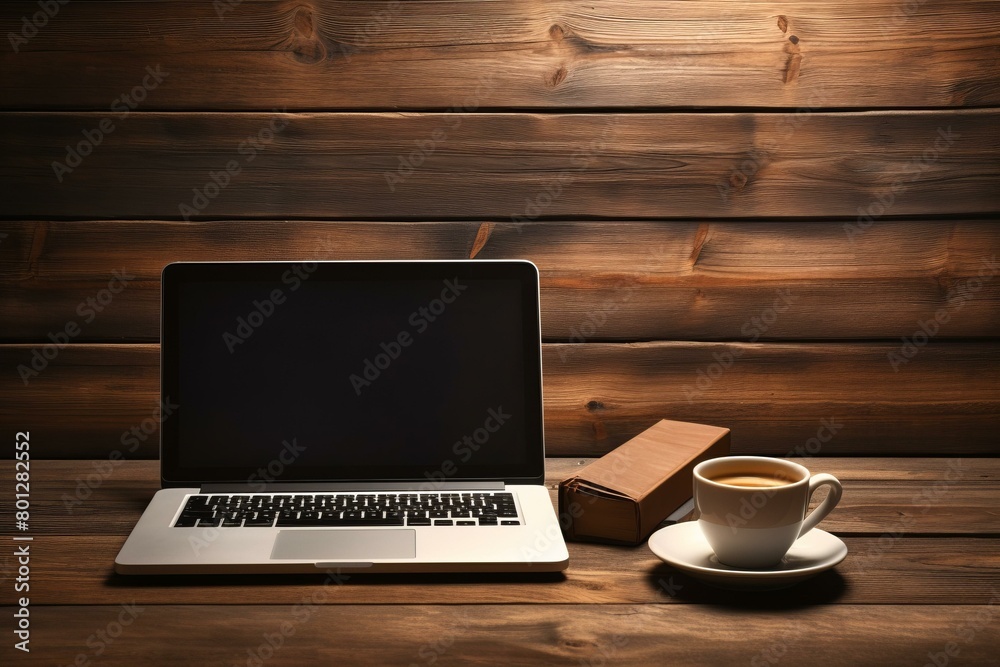 Fototapeta premium Laptop and coffee cup on wooden table