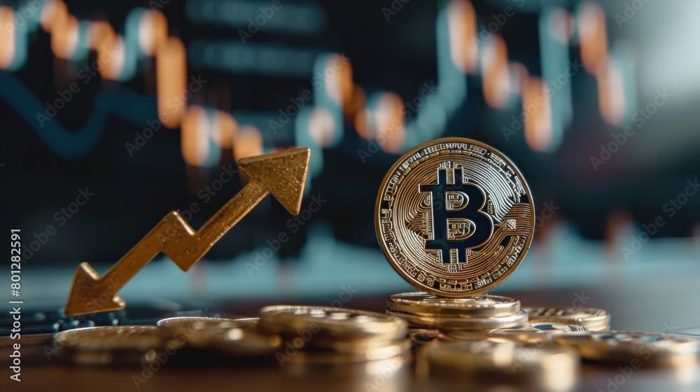 Bitcoin investment appreciates, indicated by a rising arrow alongside a percent sign. Bitcoin investment appreciates, indicated by a rising arrow alongside a percent sign.