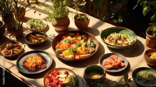 A table full of delicious and healthy food, a variety of vegetables, and fruits