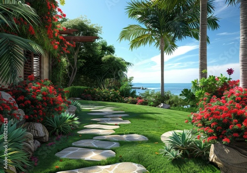 Stone path through a tropical garden to the sea photo