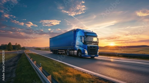 A blue truck drives along an asphalt road in a rural landscape.