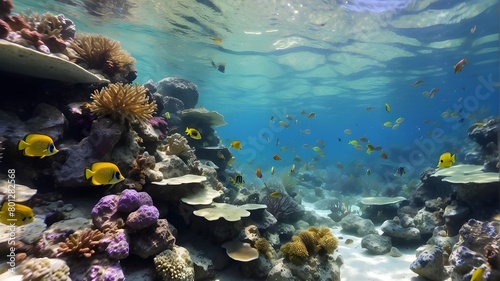 Underwater fish on coral reefs in the tropical sea. Snorkeling amid the vivid aquatic landscape and species of the aquarium oceanarium