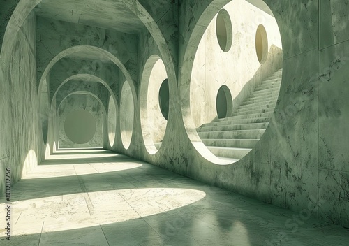 Futuristic concrete interior with arched openings and staircases photo