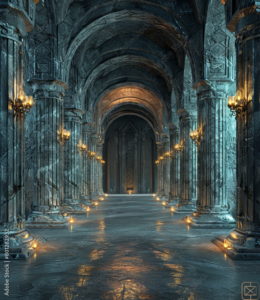 Dark fantasy corridor with candles