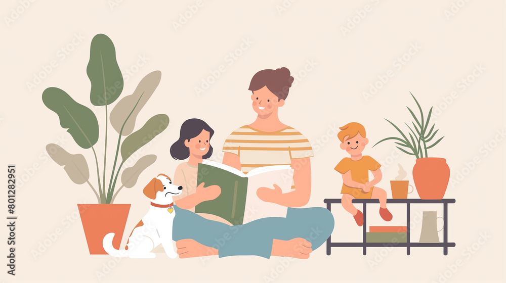 Mother, Son, and Dog Sitting Together on the Floor. Mom Reading StoryBook. Flat Vector Line Art Cartoon Illustration, Icon. Copy Space for Mother's Day, Book Day, Domestic Life Banner, 