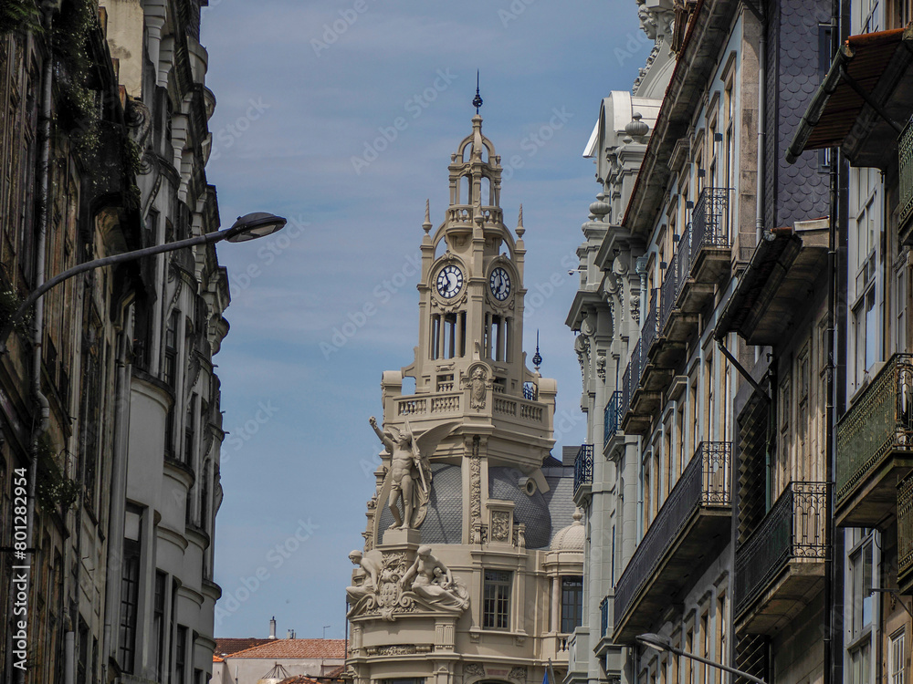 Renaissance building with tower in Avenida dos Aliados Porto old town street view building, portugal
