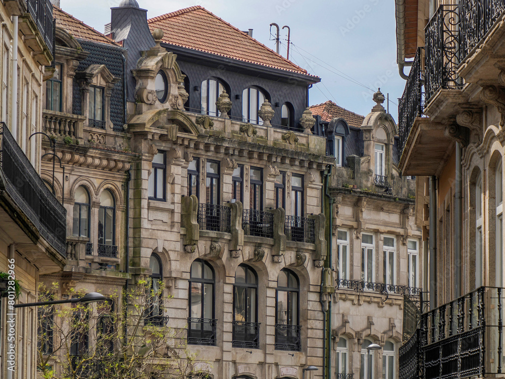 Renaissance building with tower in Avenida dos Aliados Porto old town street view building, portugal