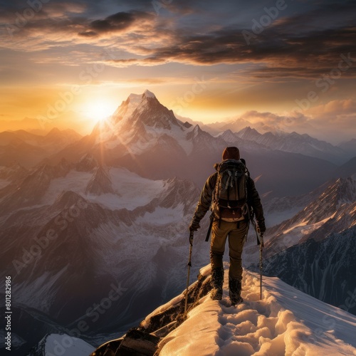Mountaineer on the summit of a snow-capped mountain during a sunrise