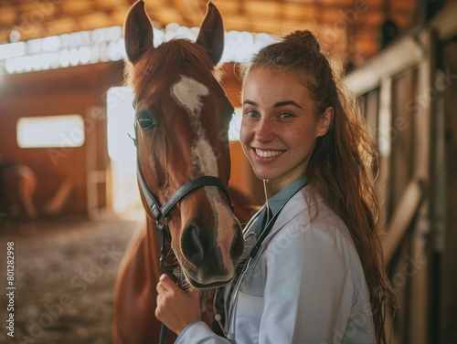 Young caucasian female veterinarian with a horse in a barn
