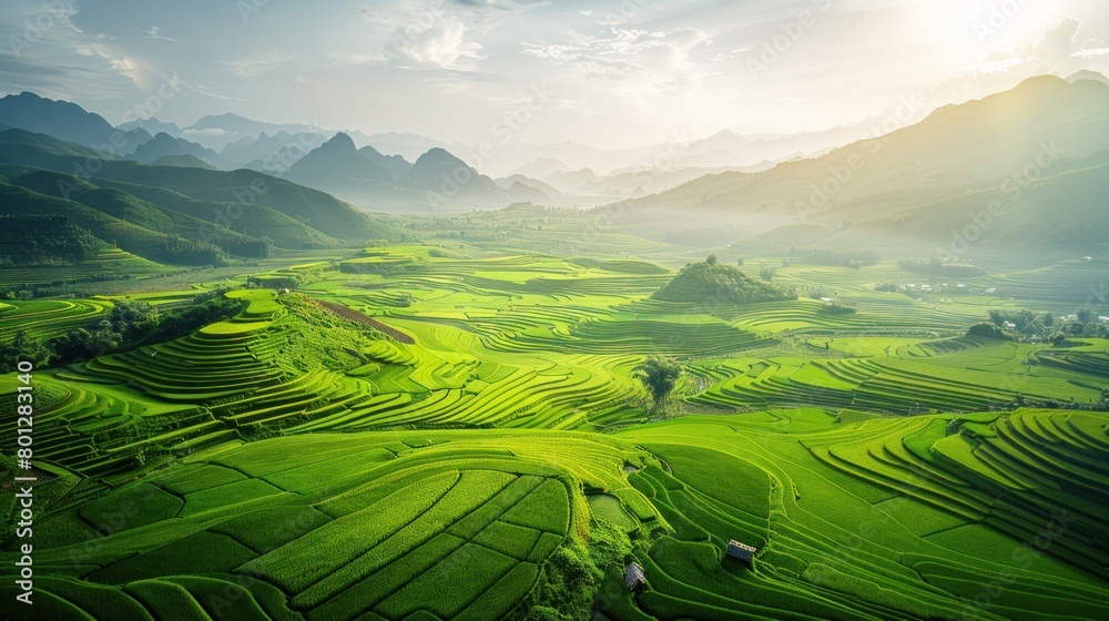 The rice paddies in Vietnam showcases a tapestry of lush green fields stretching to the horizon, reflecting the rich agricultural heritage and natural beauty of the country.