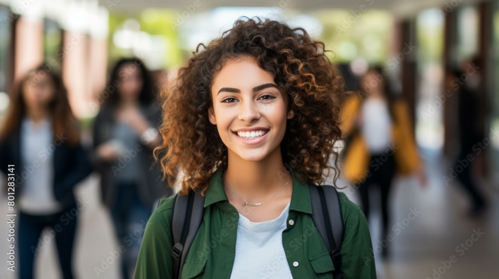 portrait of a smiling young woman with curly hair wearing a green jacket portrait of a smiling young woman with curly hair wearing a green jacket