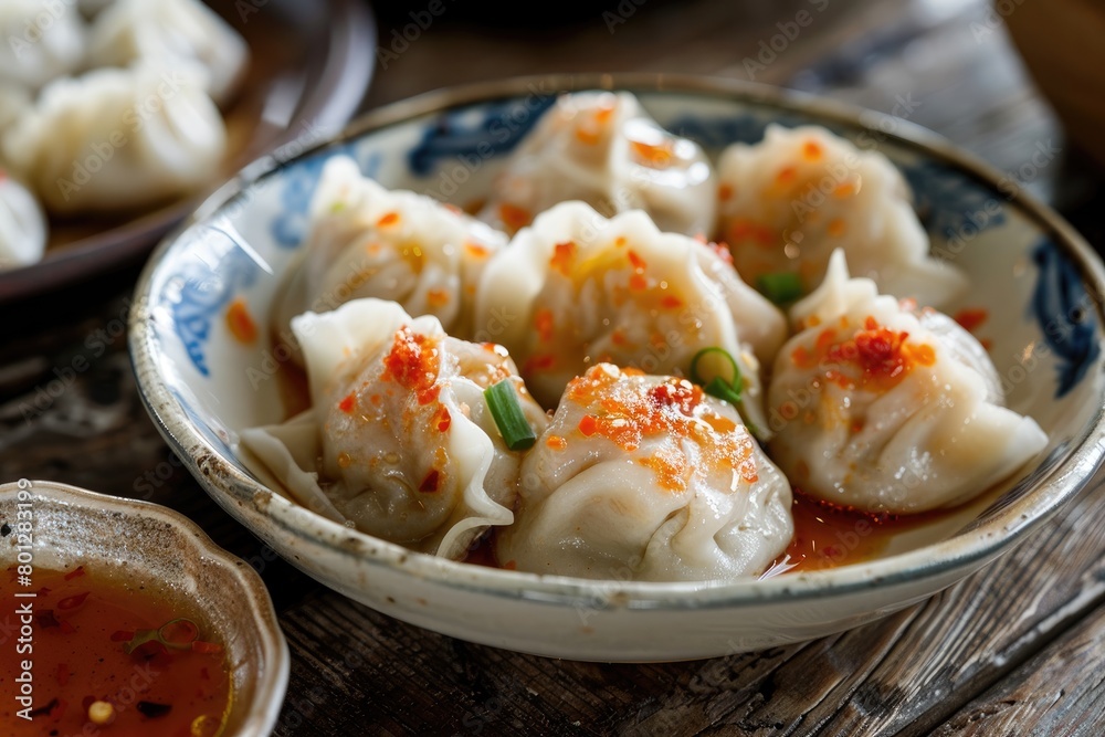 Close-up of steaming Chinese dumplings topped with spicy sauce and green onions, served in a beautifully patterned bowl. Close-up of steaming Chinese dumplings topped with spicy sauce and green onions, served in a beautifully patterned bowl.