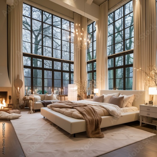 Modern bedroom with large windows and a fireplace photo