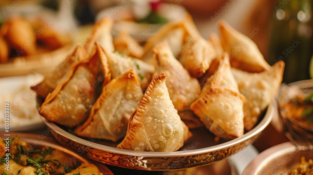 A plate of mini samosas served as appetizers at a festive Indian celebration, offering guests a taste of traditional flavors and hospitality A plate of mini samosas served as appetizers at a festive Indian celebration, offering guests a taste of traditional flavors and hospitality