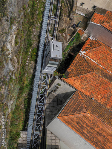 Medieval walls and cableway of Porto old town street view building, portugal view from luis bridge photo