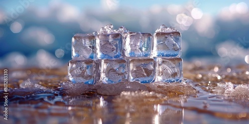 Ice cubes on a table with water droplets
