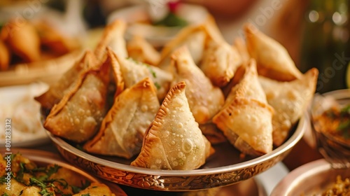 A plate of mini samosas served as appetizers at a festive Indian celebration, offering guests a taste of traditional flavors and hospitality