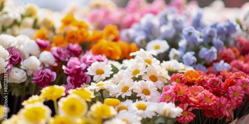 A bouquet of flowers with a variety of colors including yellow, pink, and blue