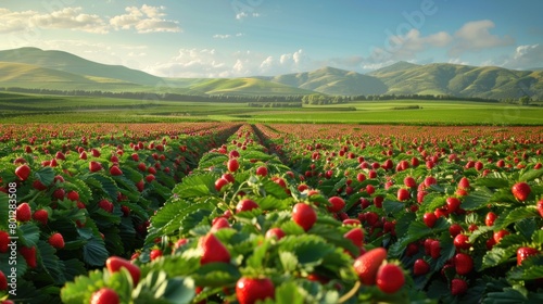 The scenic vista of the strawberry fields captivates the senses.