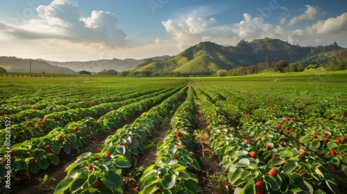 The scenic vista of the strawberry fields captivates the senses. photo
